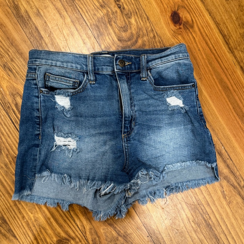 Sneak Peek Mid Rise Distressed Denim Shorts
